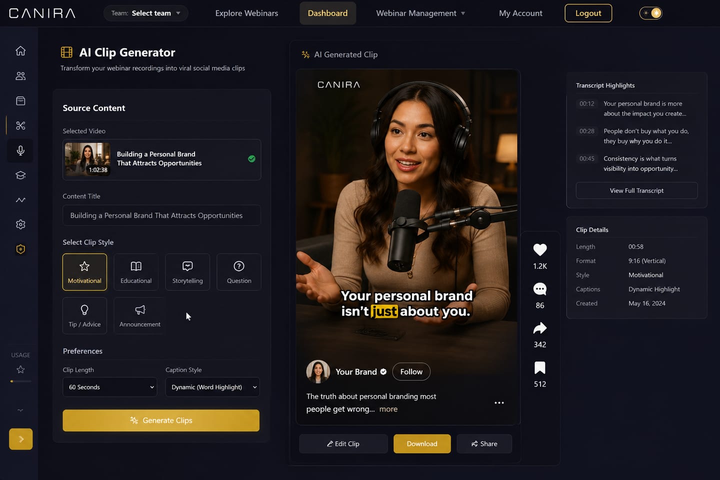 Canira AI clip generator — turn a webinar recording into captioned vertical social clips