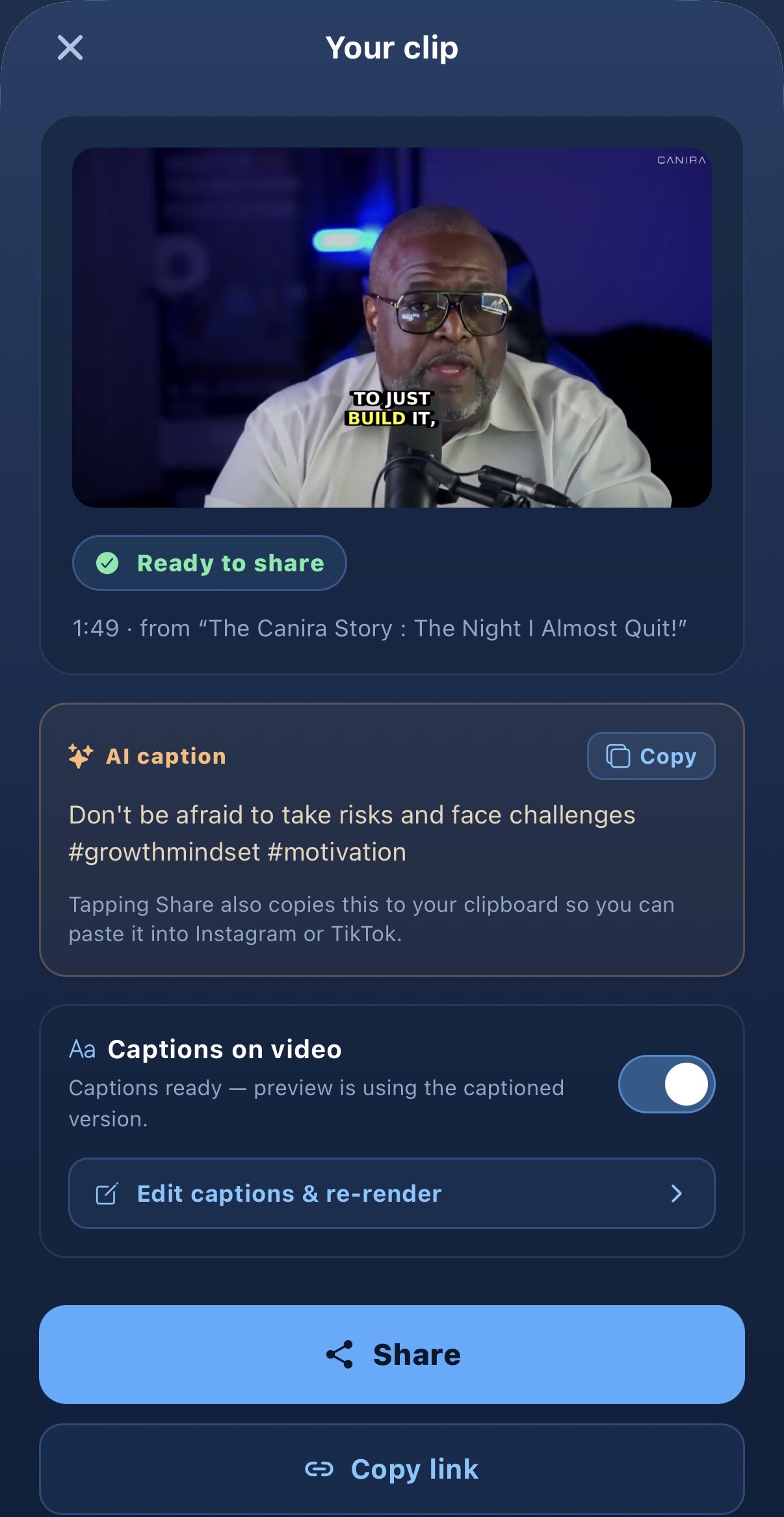 Canira app — an AI-captioned clip ready to share